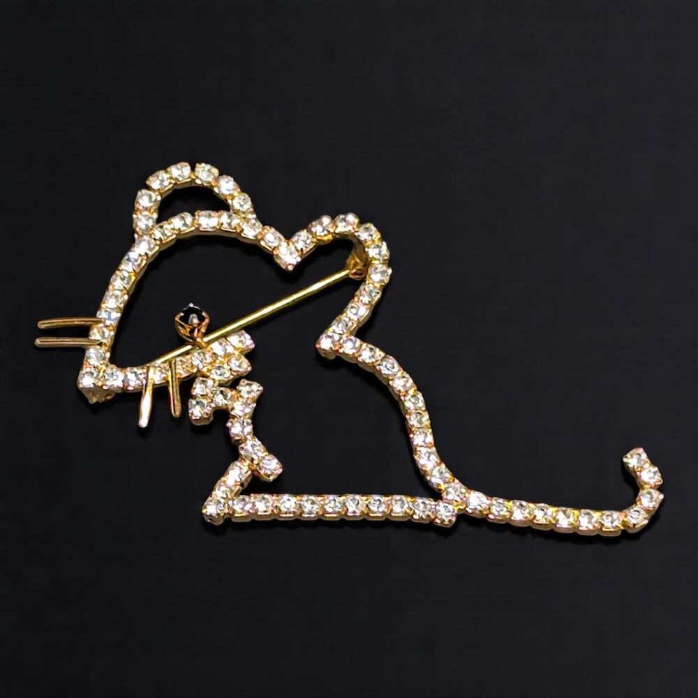 Mouse Gold Tone & Rhinestone Outline Fashion Brooch Lapel Pin